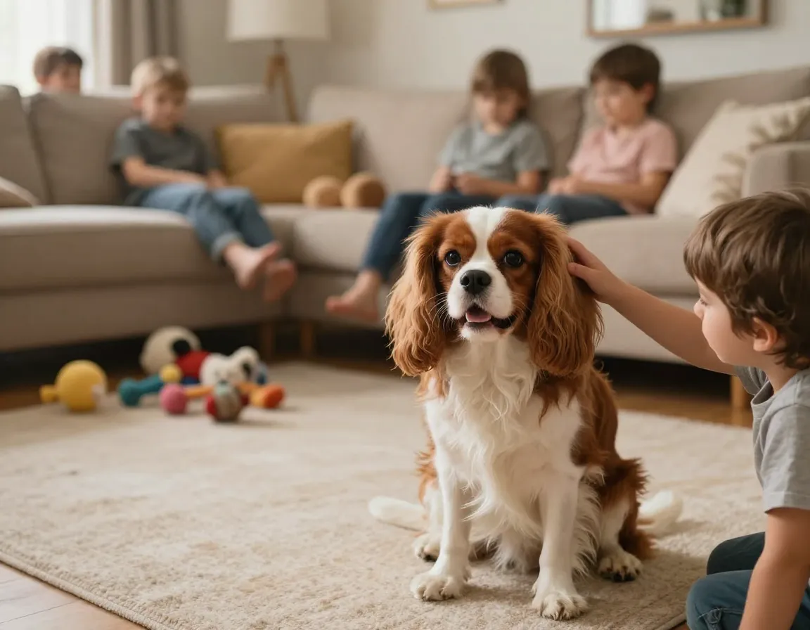 Gentle cavalier king charles spaniel with child in living room