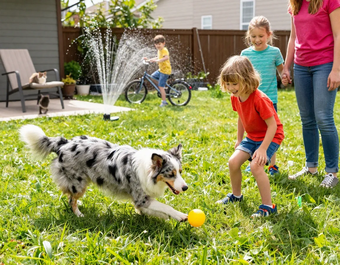 Mini aussie playing fetch children sunny backyard