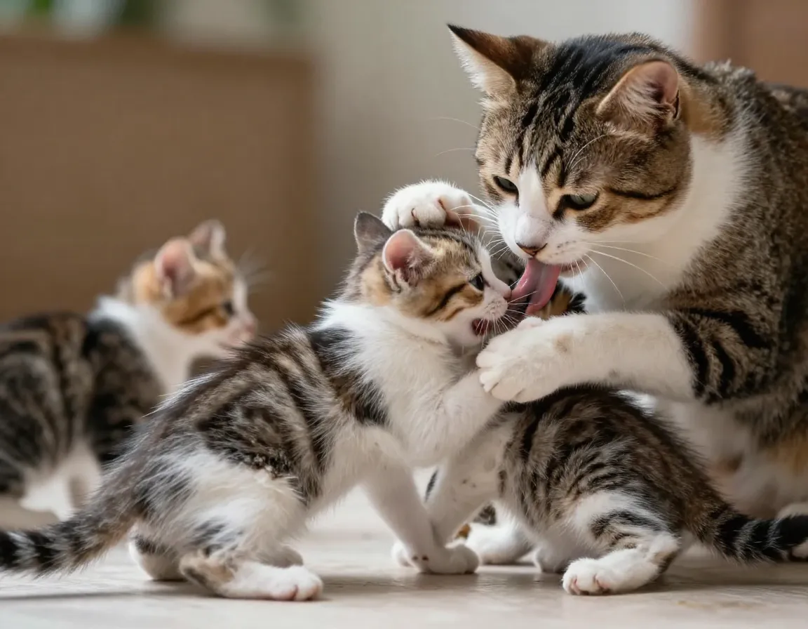 Mother cat systematically grooming her four week old playful kitten