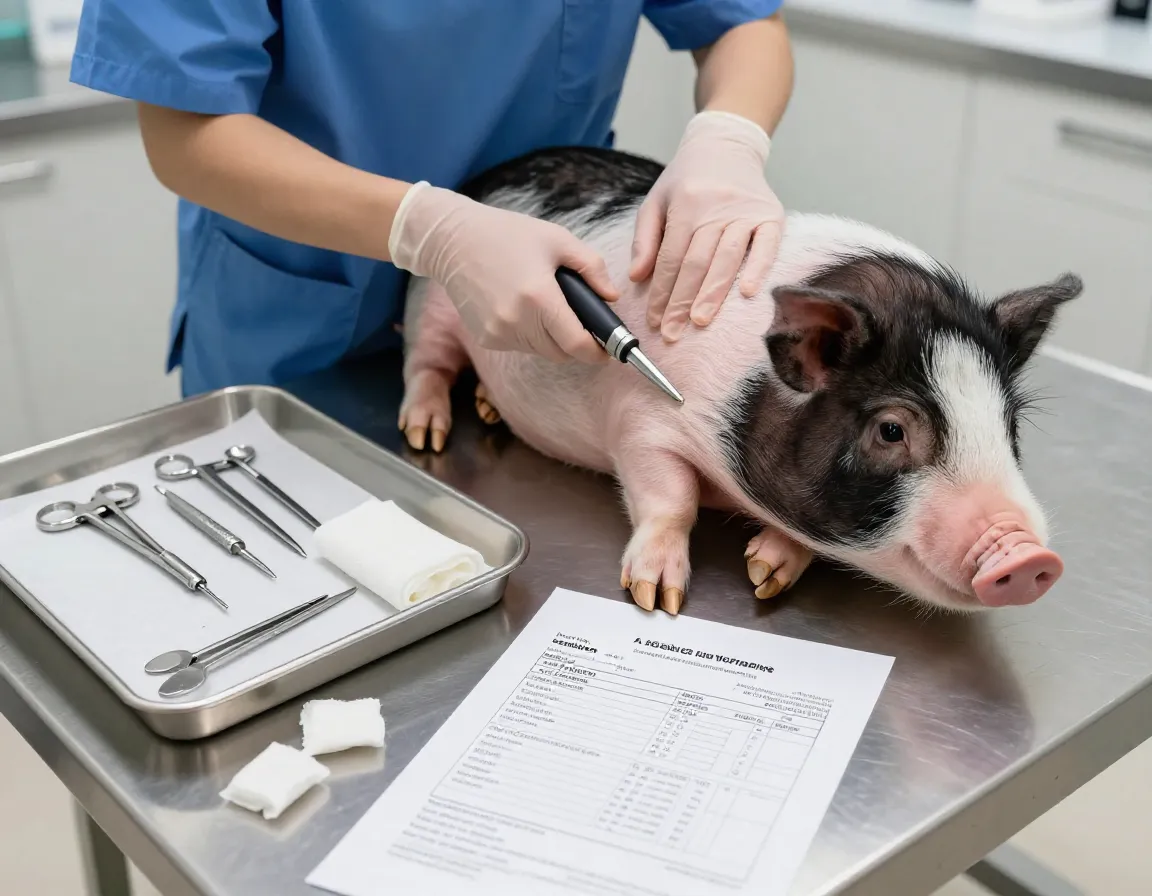 Vet performing specialized hoof trim on sedated pig