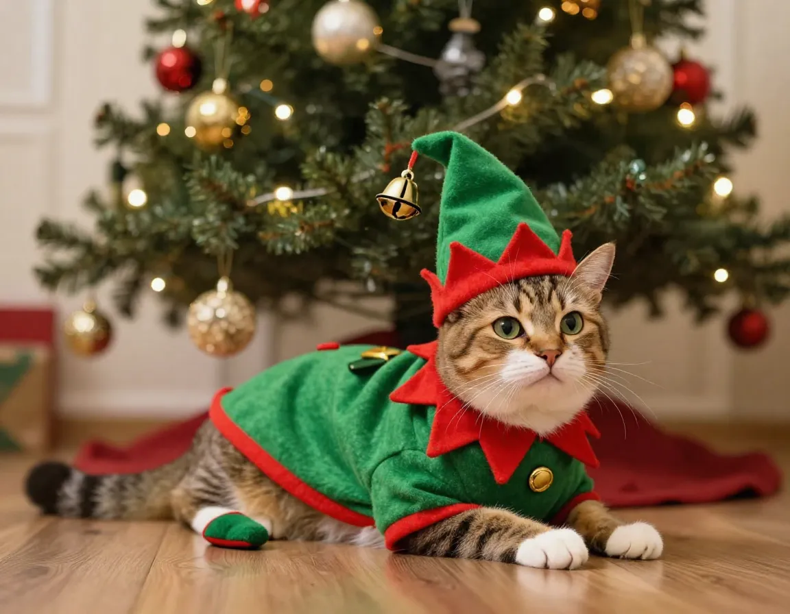 Cat in christmas elf costume by holiday tree