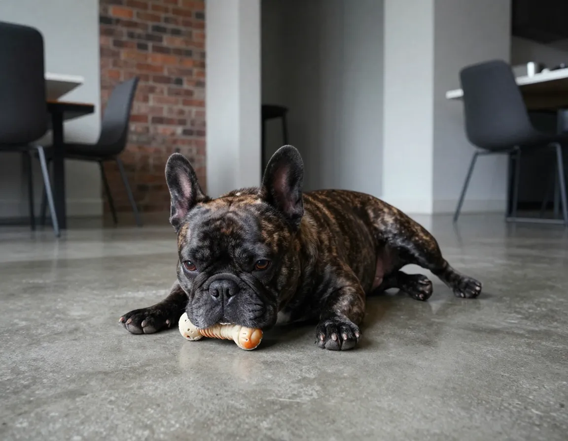 French bulldog relaxing on apartment floor with toy