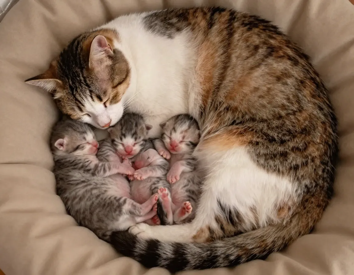 Mother cat curled around sleeping kittens for shared body heat