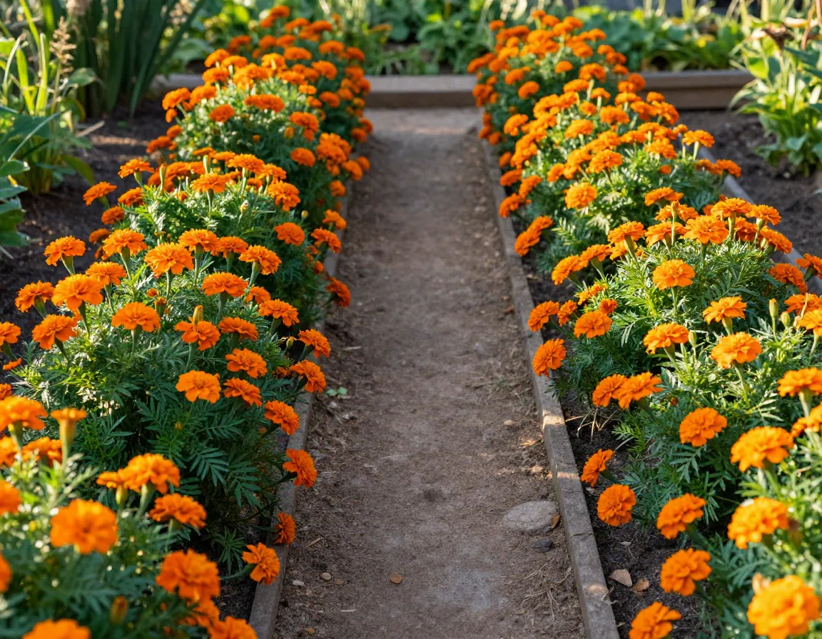 Orange french marigolds natural mosquito repellent garden path