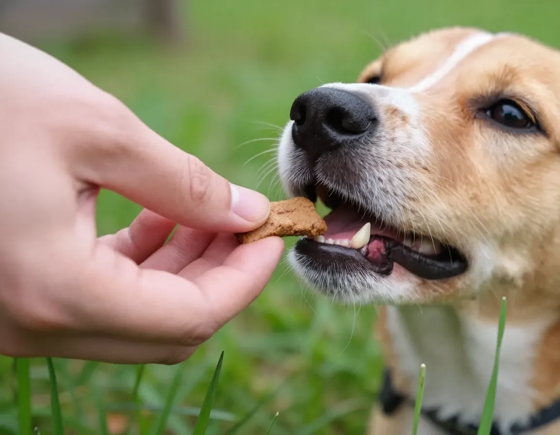 Person immediately rewarding puppy with treat after successful outdoor potty break