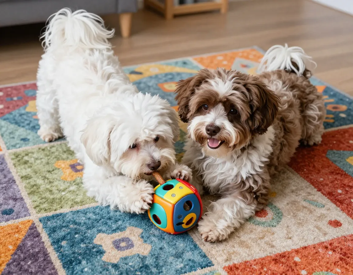 Cheerful havanese playing with puzzle toy on rug