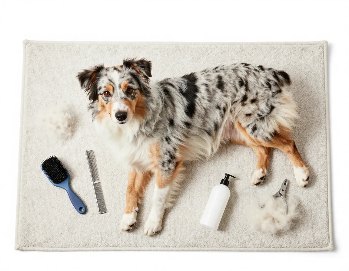 Flat lay groomed mini aussie basic brush shed fur
