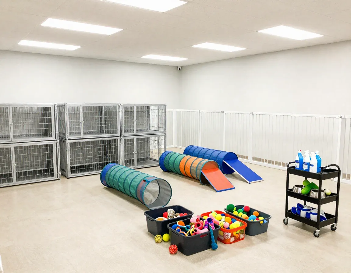 New dog daycare facility stocked with essential equipment and supplies