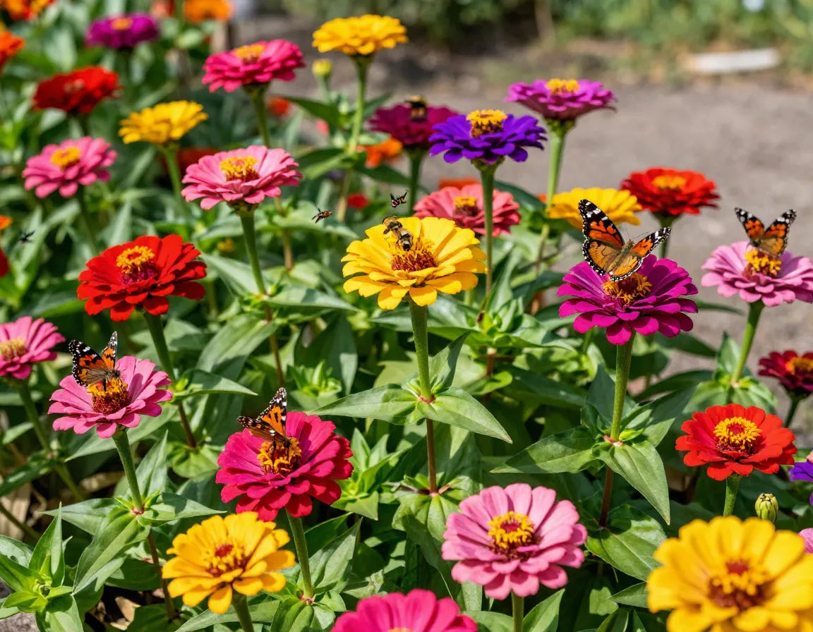 Rainbow zinnia patch attracting butterflies summer through fall