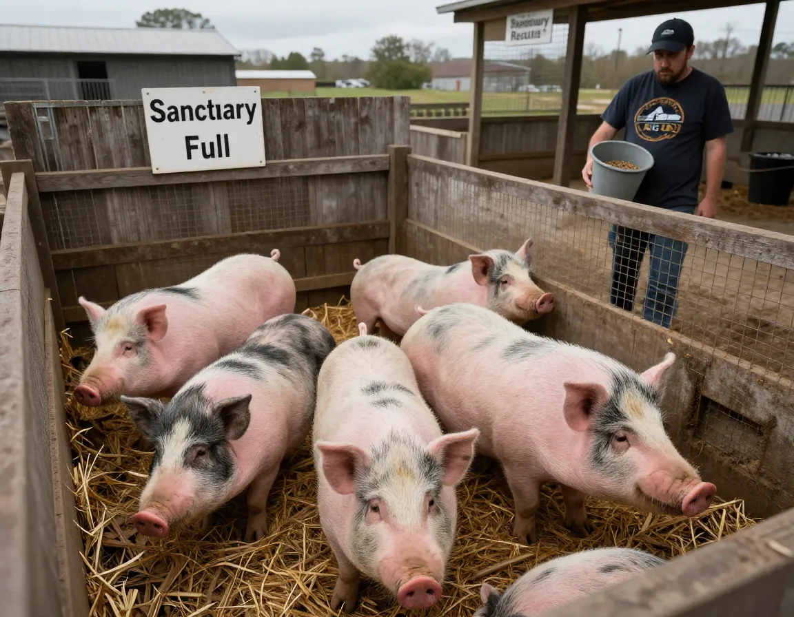 Overcrowded pen at a full pig rescue sanctuary