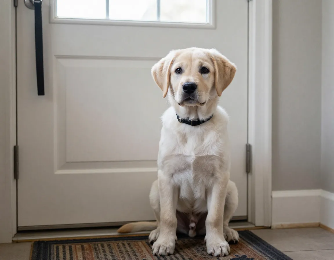 Four month old puppy sitting by door indicating need to go outside