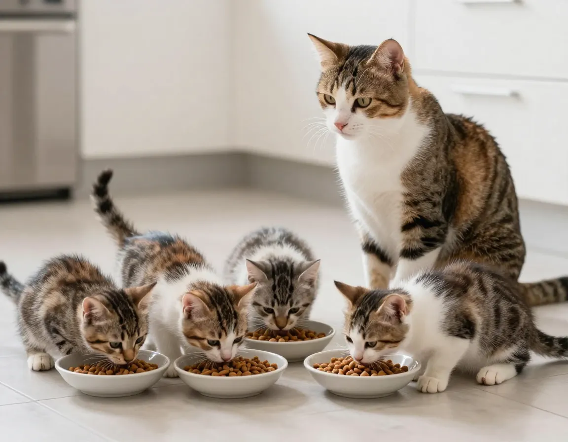 Mother cat watching her independent kittens eat solid food from bowl