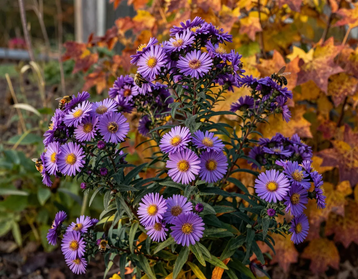 Purple fall aster blooms providing late season pollinator food