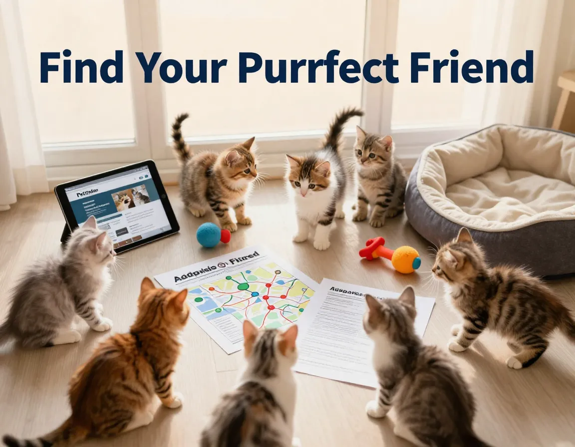 Eight playful kittens adoption items sunlit room overhead view