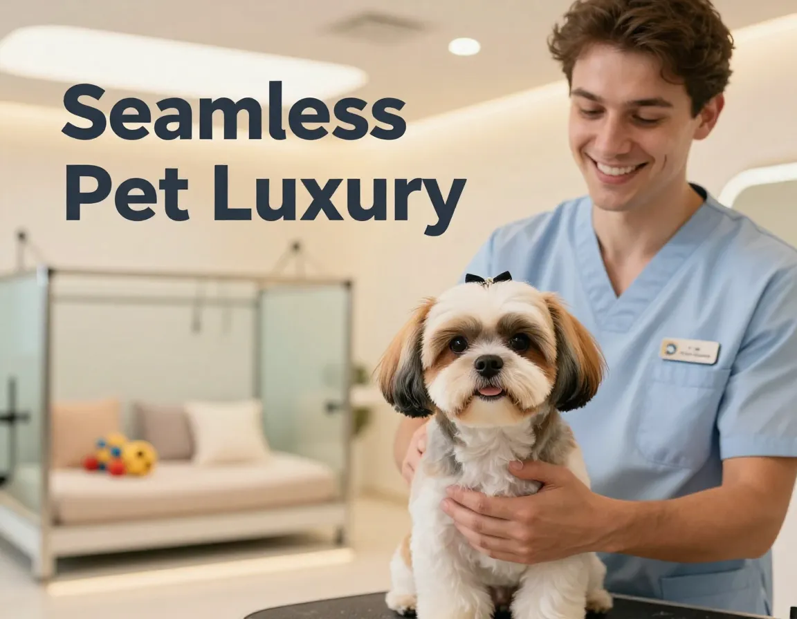Professional groomer smiling with well groomed dog in luxury boarding facility