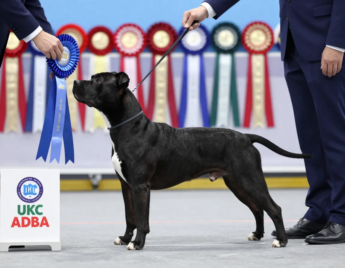 Black pitbull wins blue ribbon at official dog show event