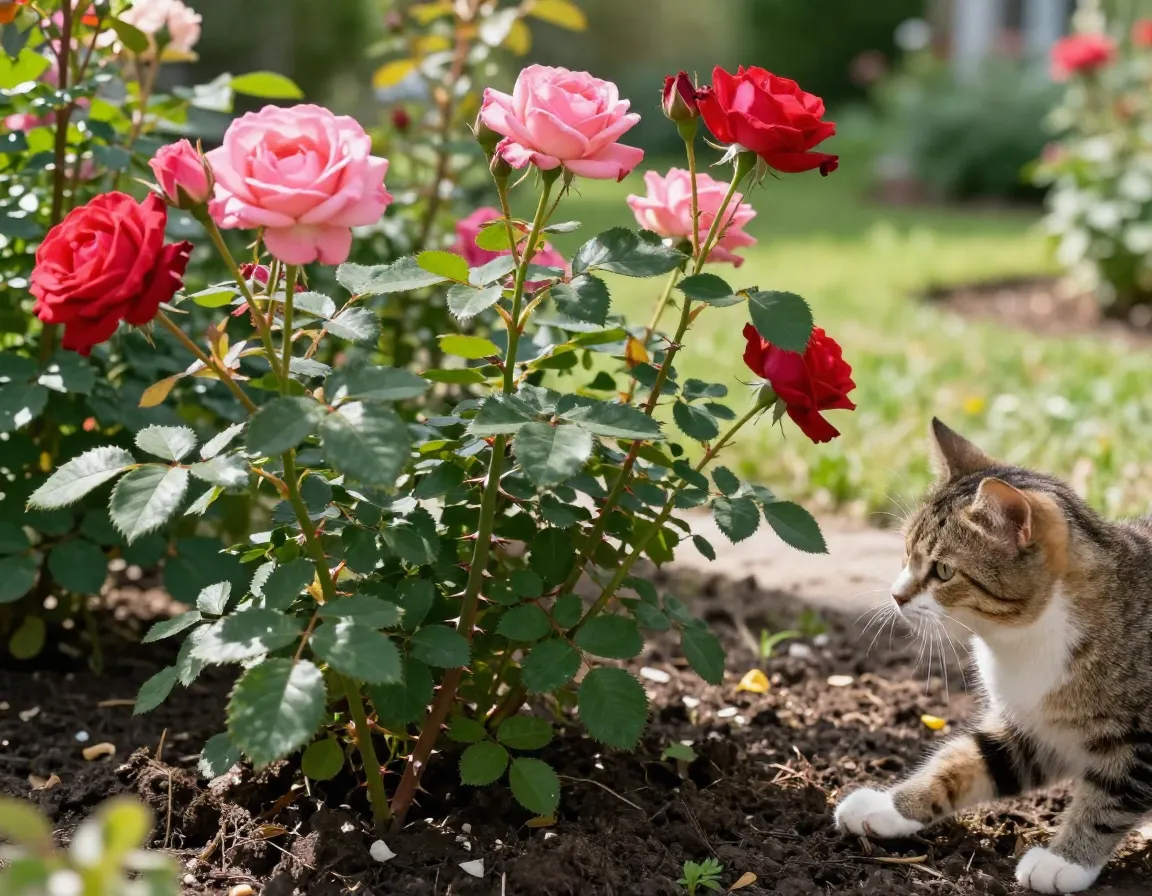 Colorful garden roses thorns natural protection safe for cat