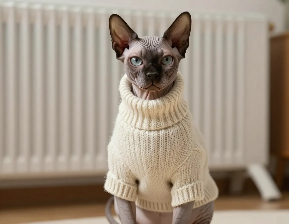 Cozy knitted wool sweater on a sphynx cat indoors near a heater