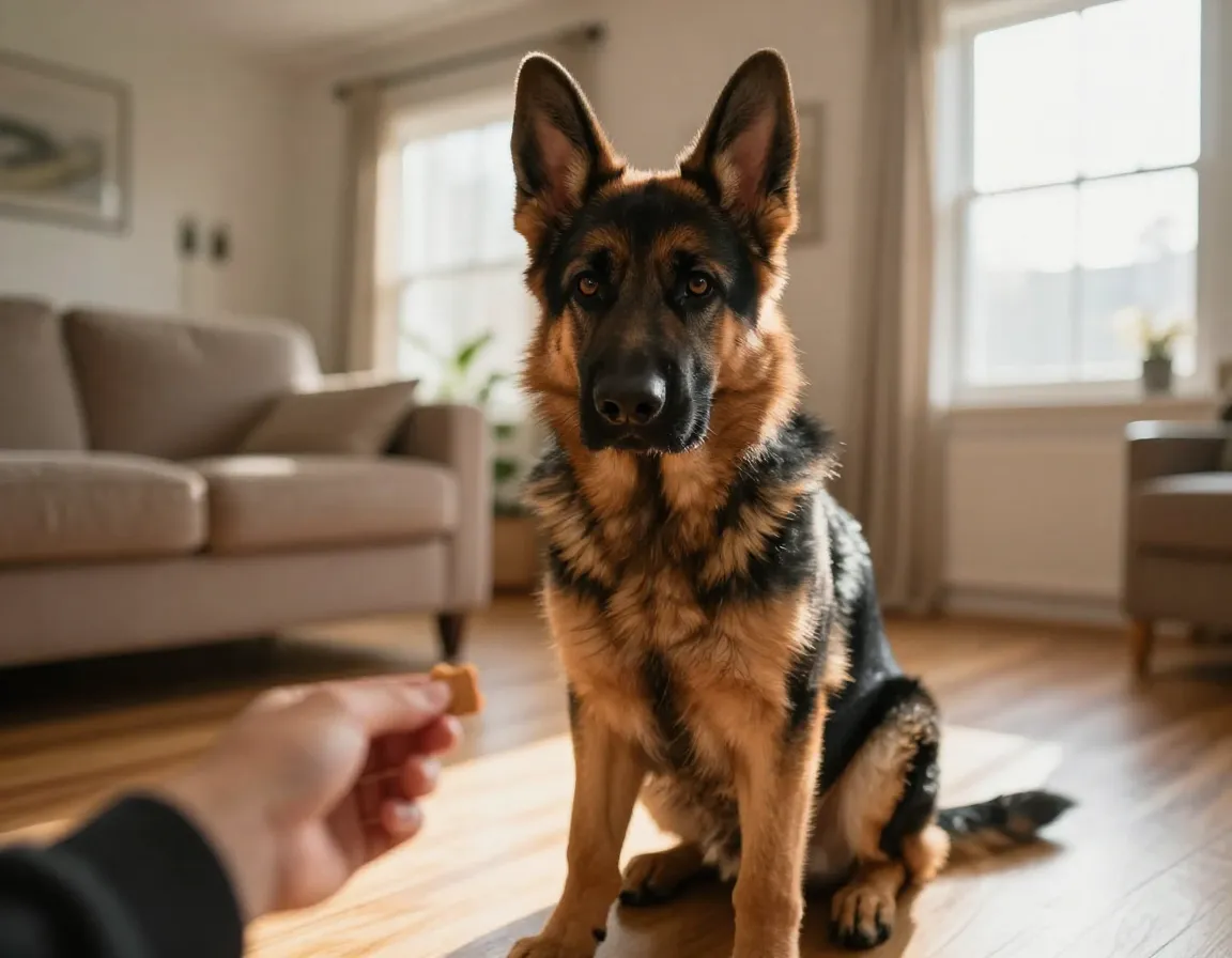 German shepherd puppy indoor obedience sit training early morning sunlit living room