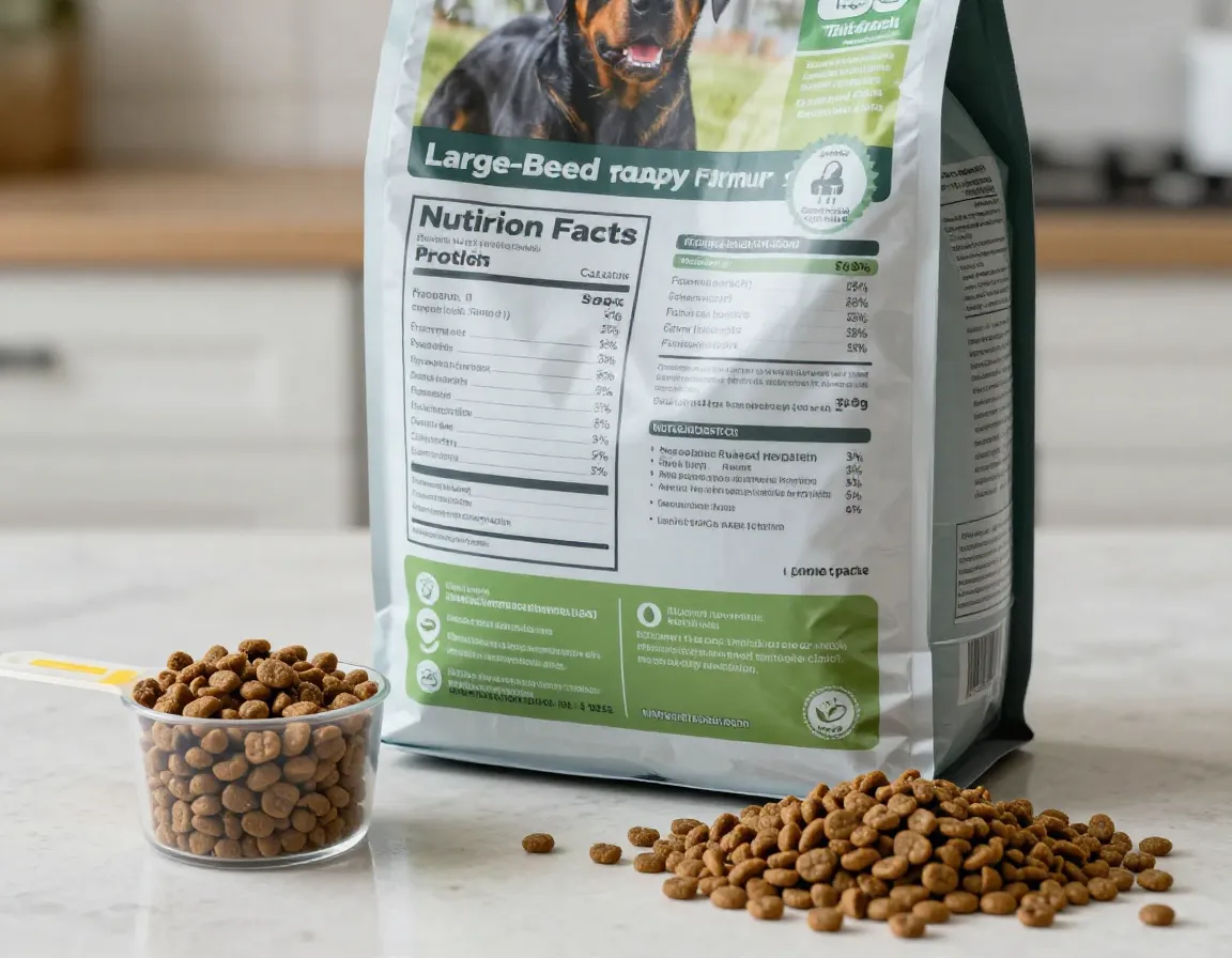 Large breed puppy food bag with nutritional analysis for rottweiler