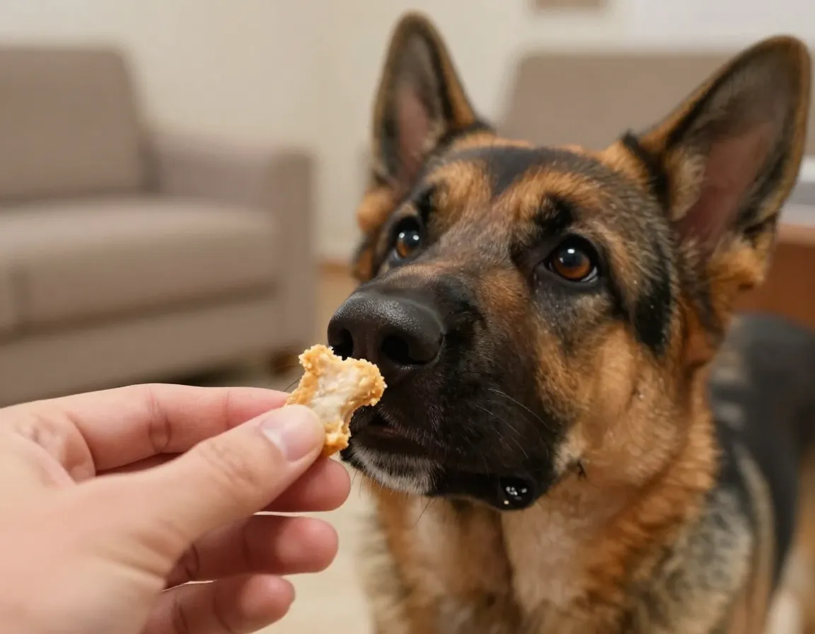 Positive reinforcement puppy training with high value treat chicken piece hand
