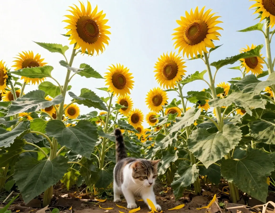 Tall bright sunflowers towering over playful curious cat