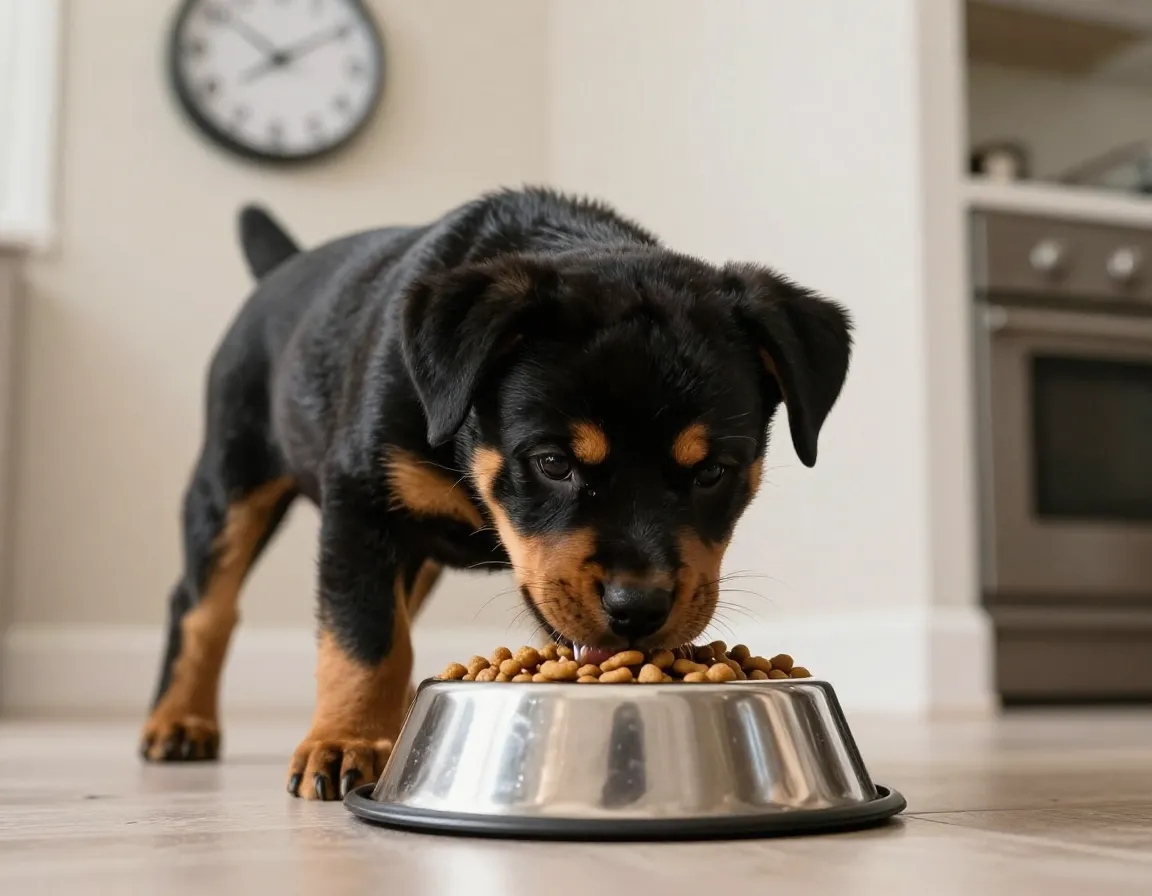 Three month old rottweiler puppy eating from a bowl on a schedule