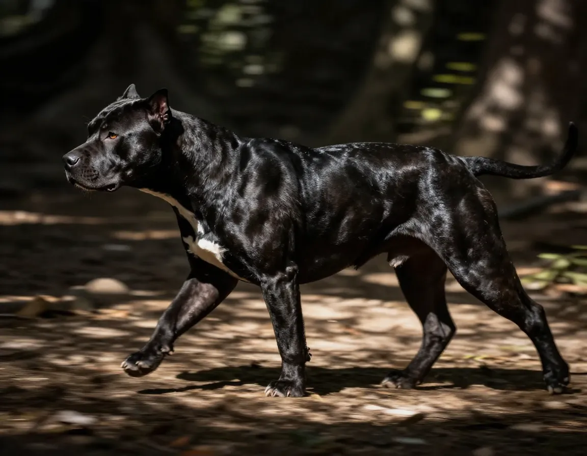 Black pitbull with panther like glossy coat in sunlight