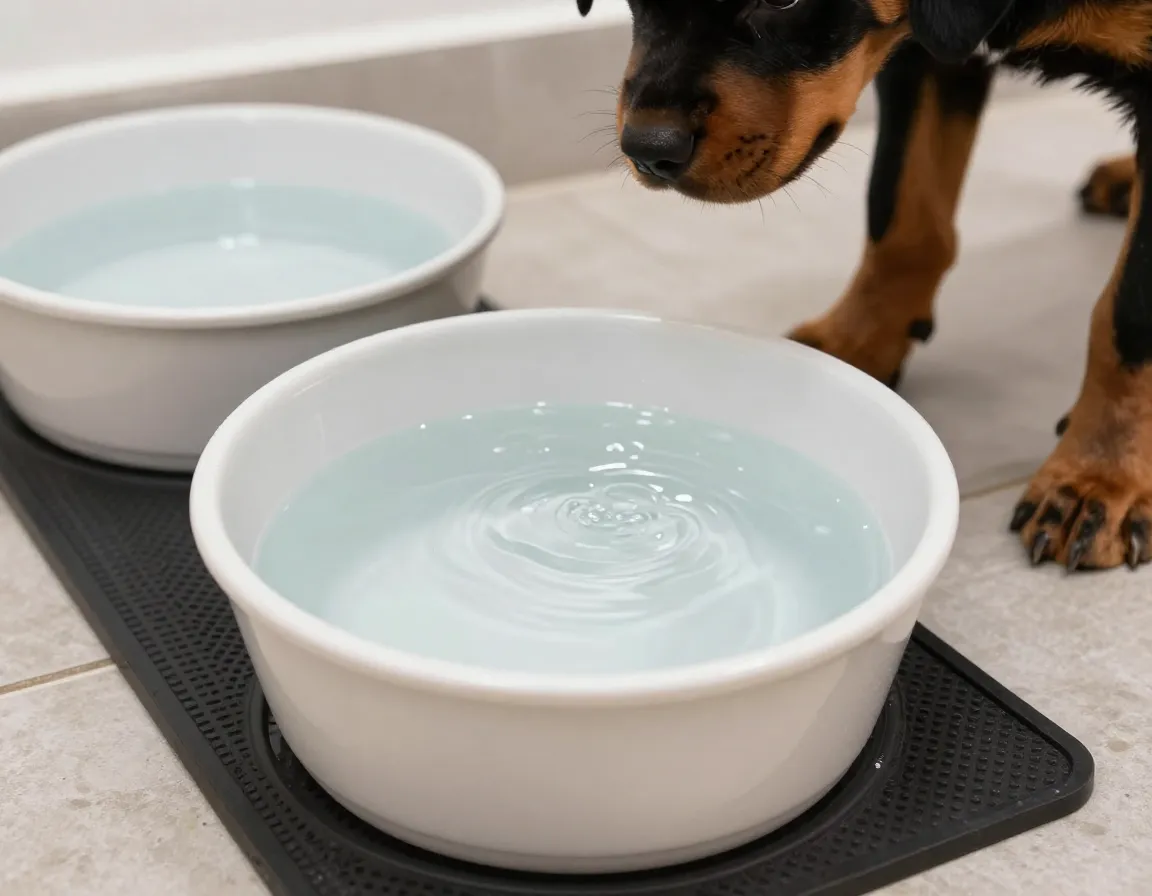 Fresh water bowl placed conveniently for a rottweiler puppy