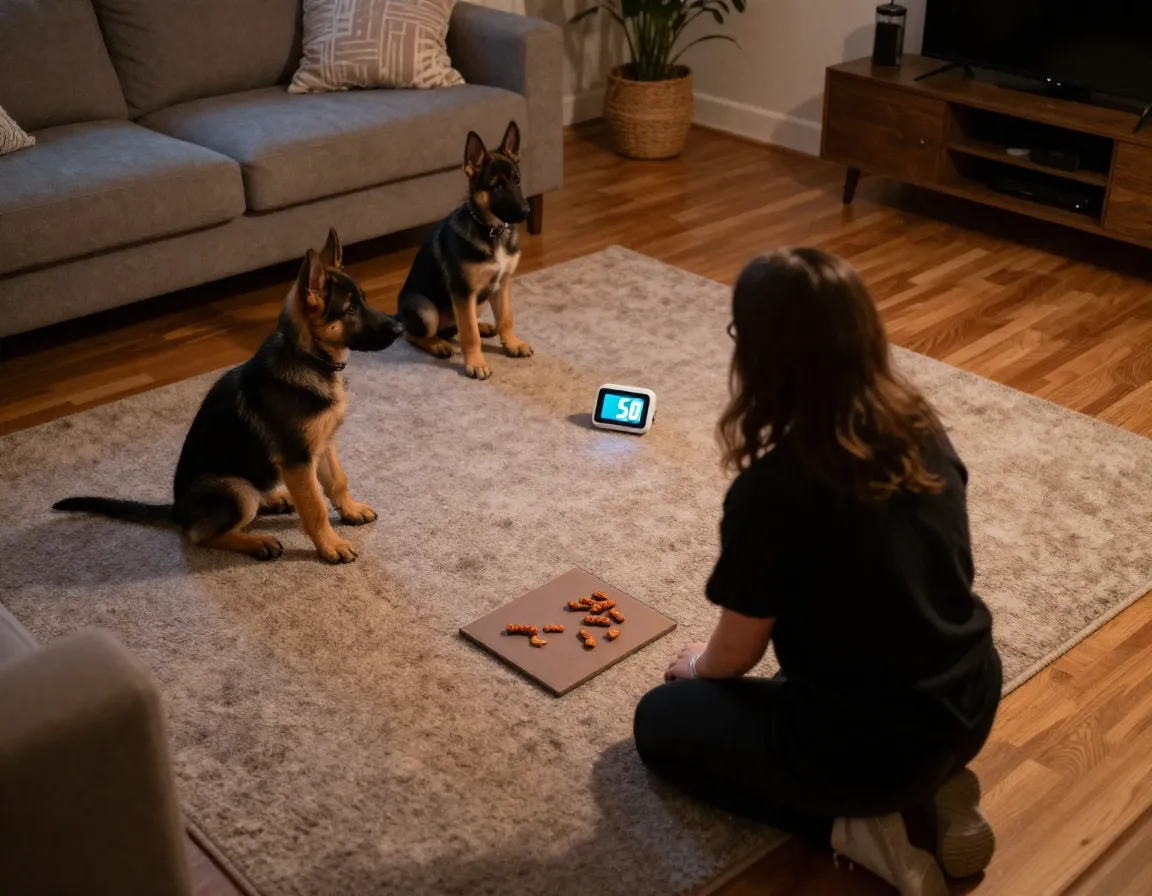 Short five minute training session puppy basic commands living room floor evening
