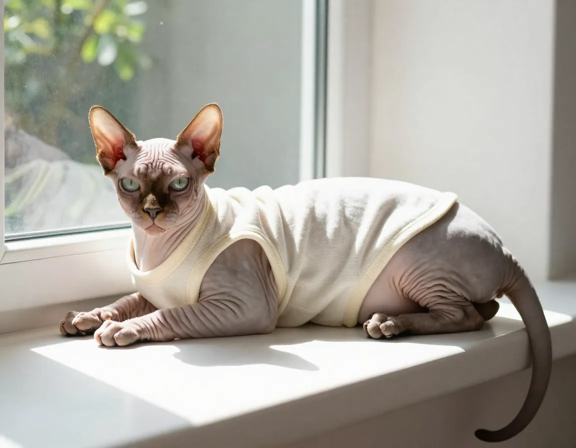 Tan sphynx cat wearing a light cotton tank top on a sunny windowsill