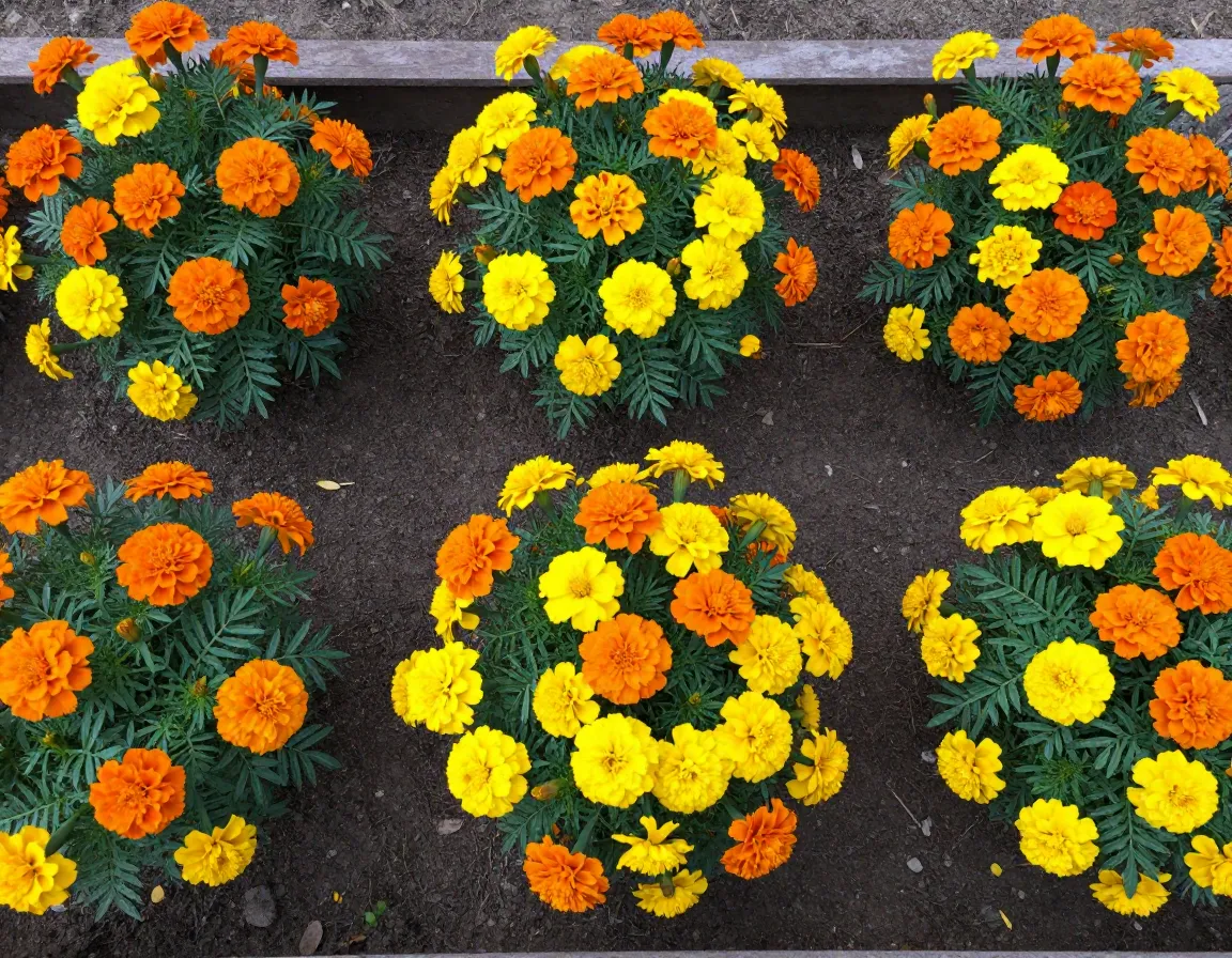 Vibrant marigolds border garden bed natural pest barrier