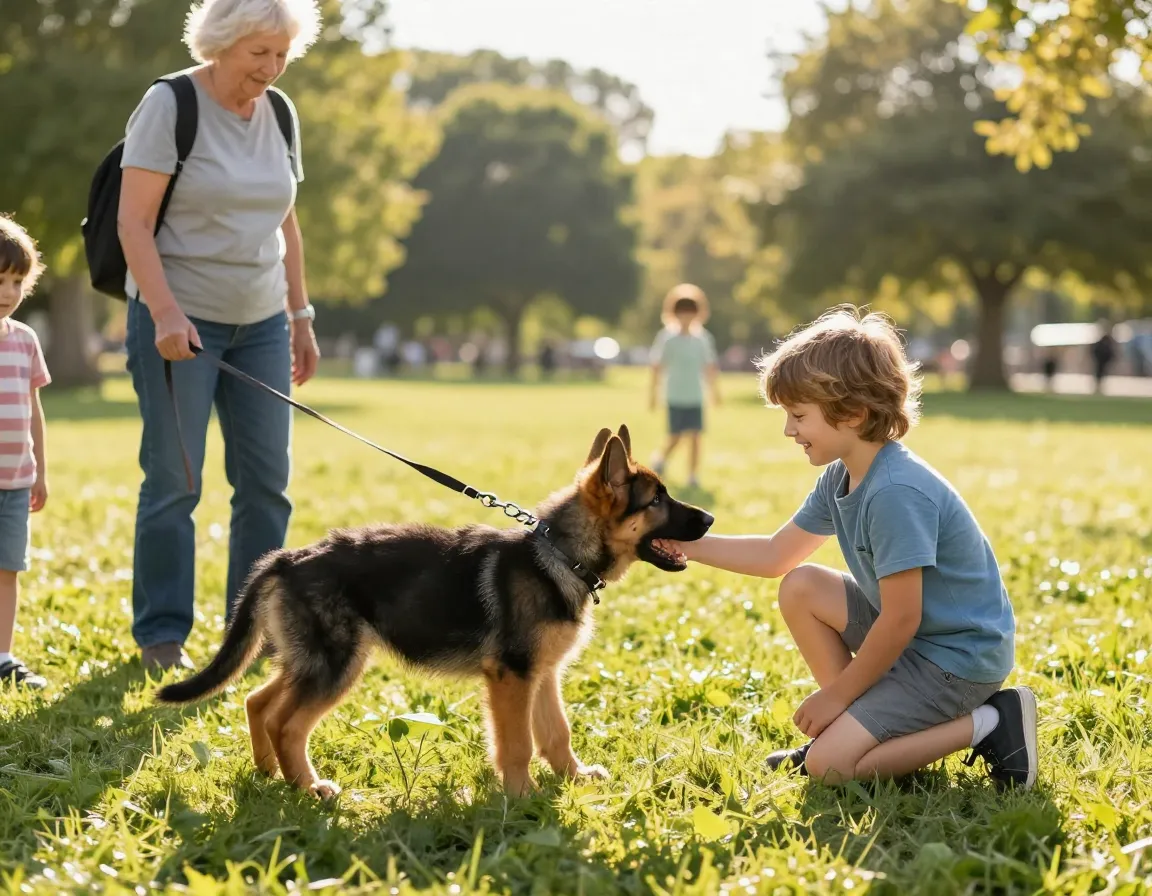 Puppy socialization exposure to diverse people children park sunny day