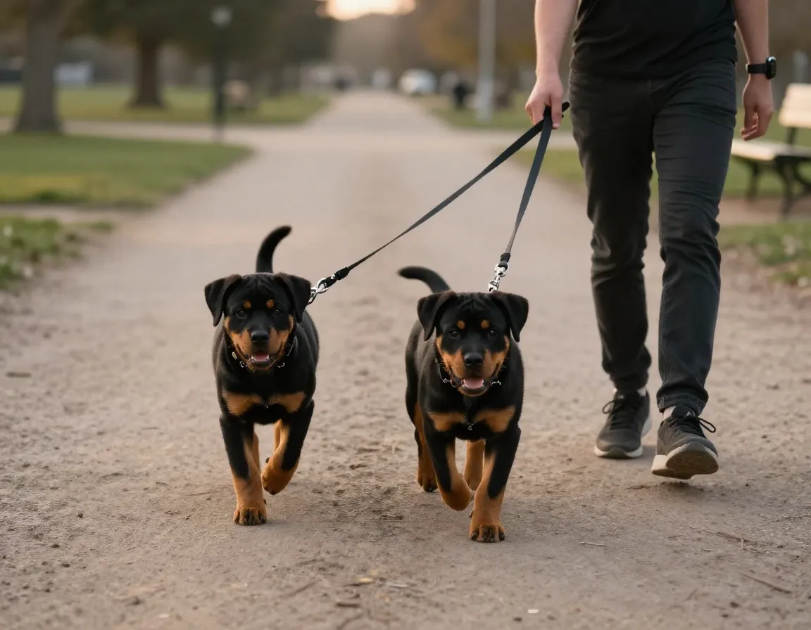 Rottweiler puppy on a short fifteen minute leash walk outdoors