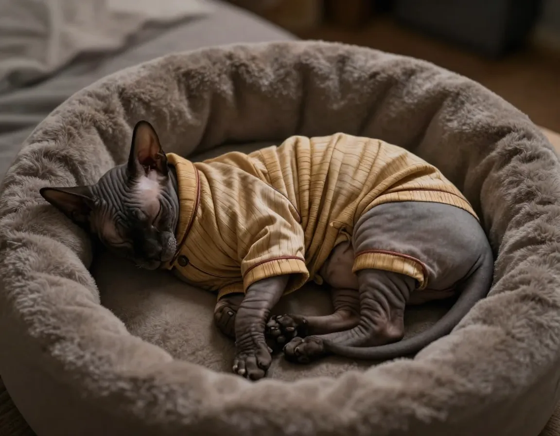 Sphynx cat sleeping in soft bamboo pajamas on a plush bed