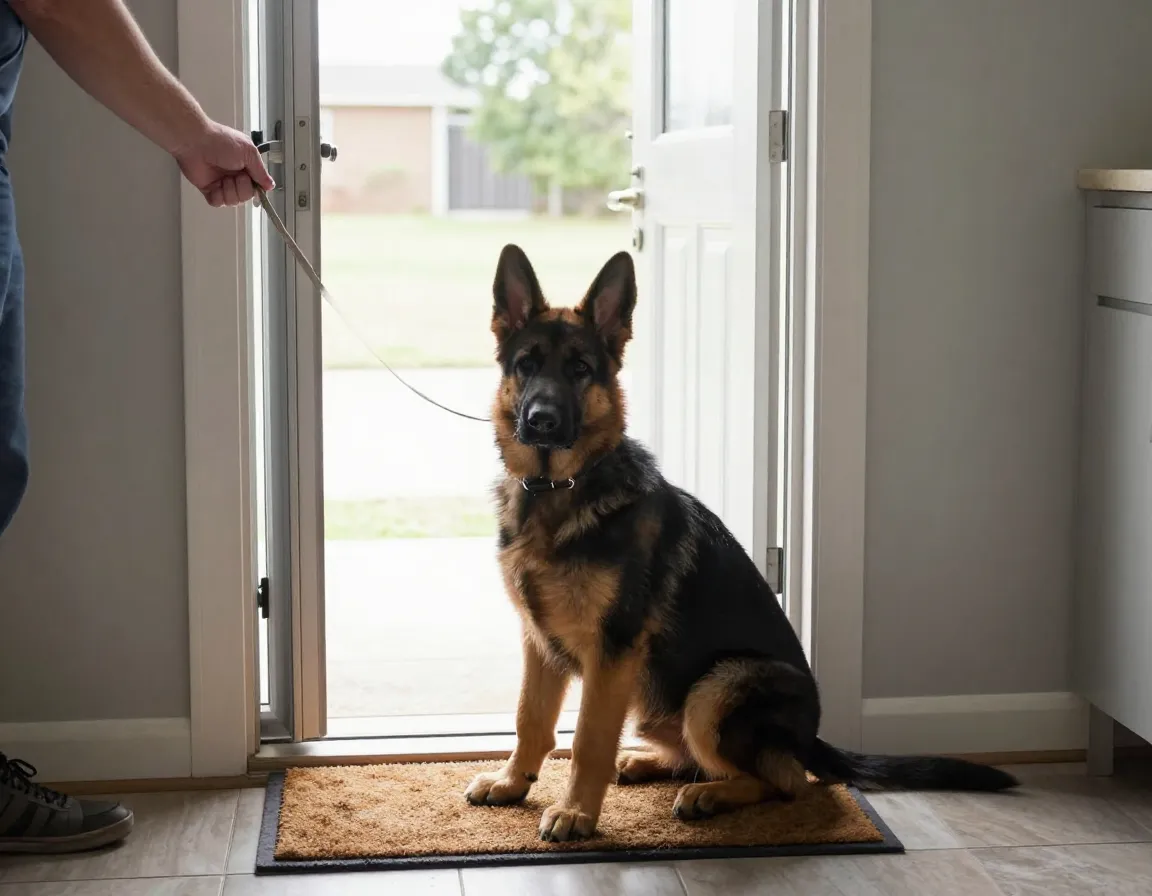 Consistent daily routine puppy sit wait command before going outside door