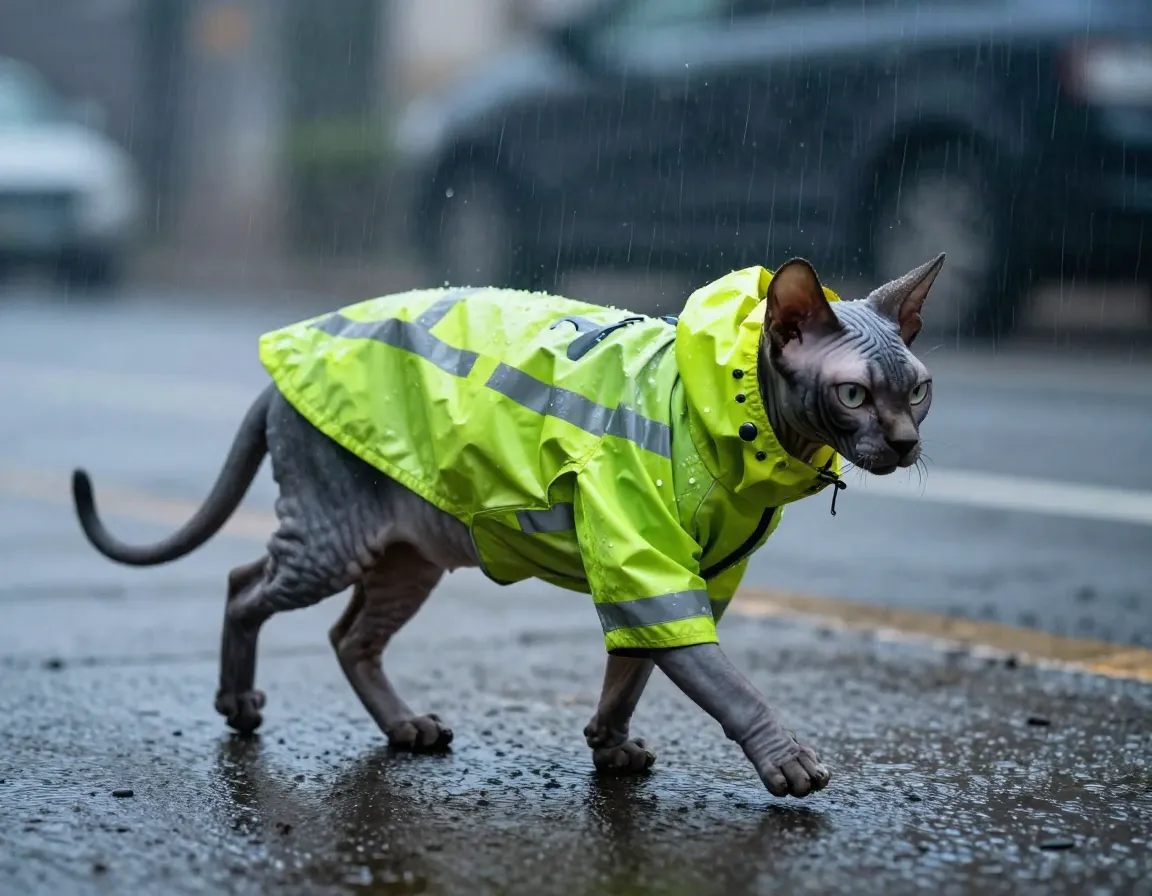 Grey sphynx cat in a reflective rain jacket walking in light drizzle