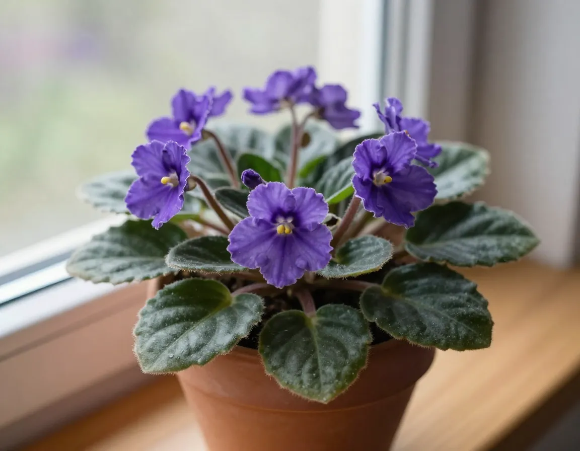 Purple african violets clusters soft leaves indoor windowsill