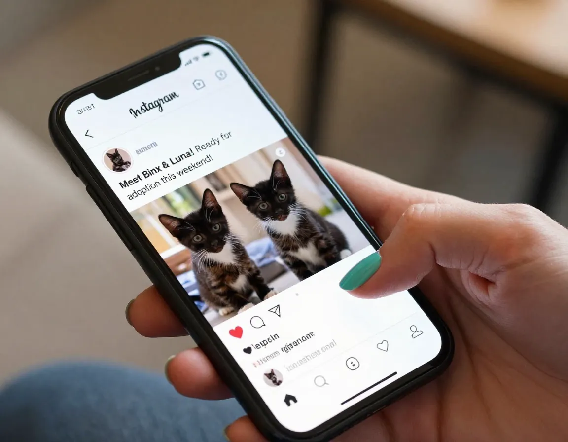 Smartphone displaying shelter social media post about kittens