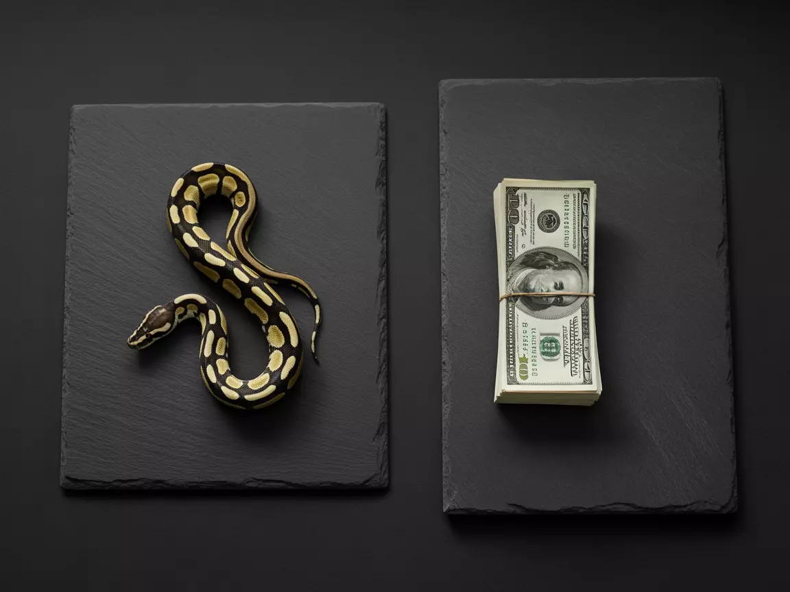 Spider morph coiled beside stack money ethical contrast