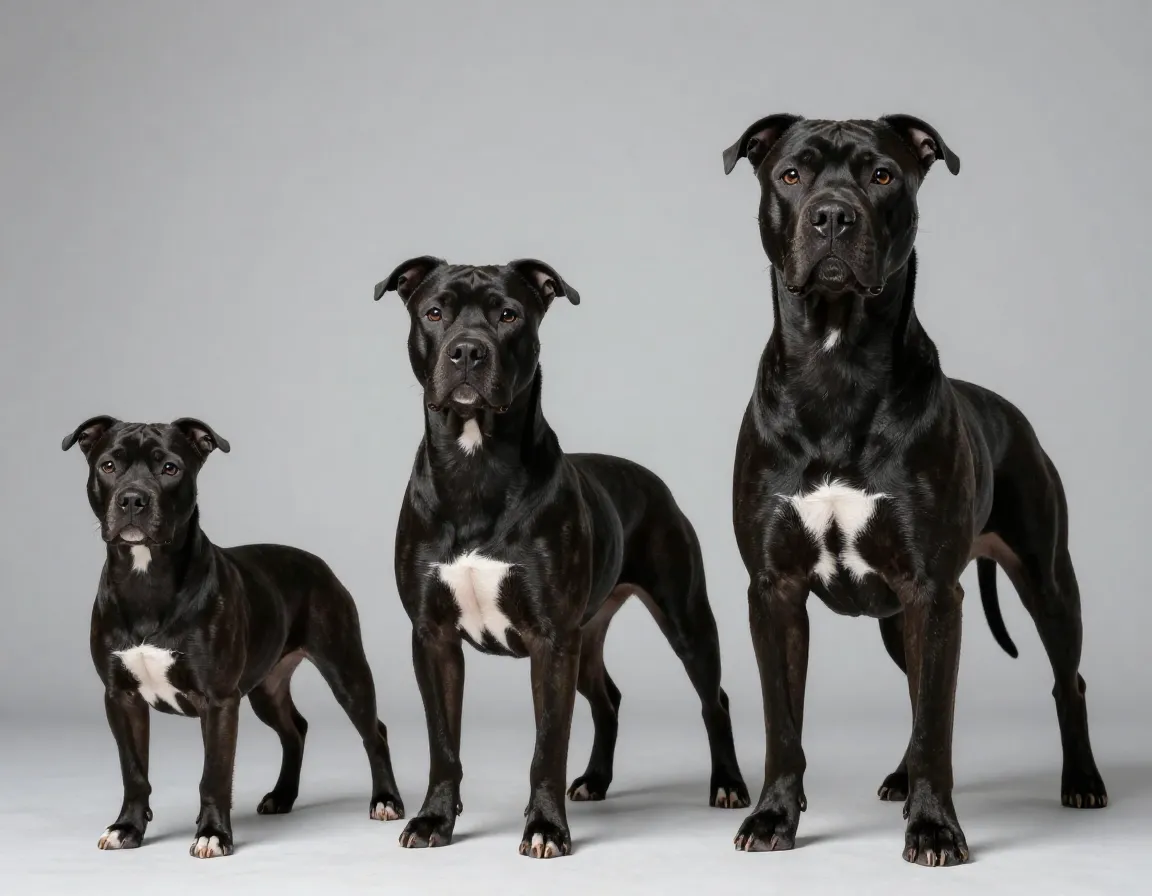 Three black pitbulls of varying sizes with identical glossy coats