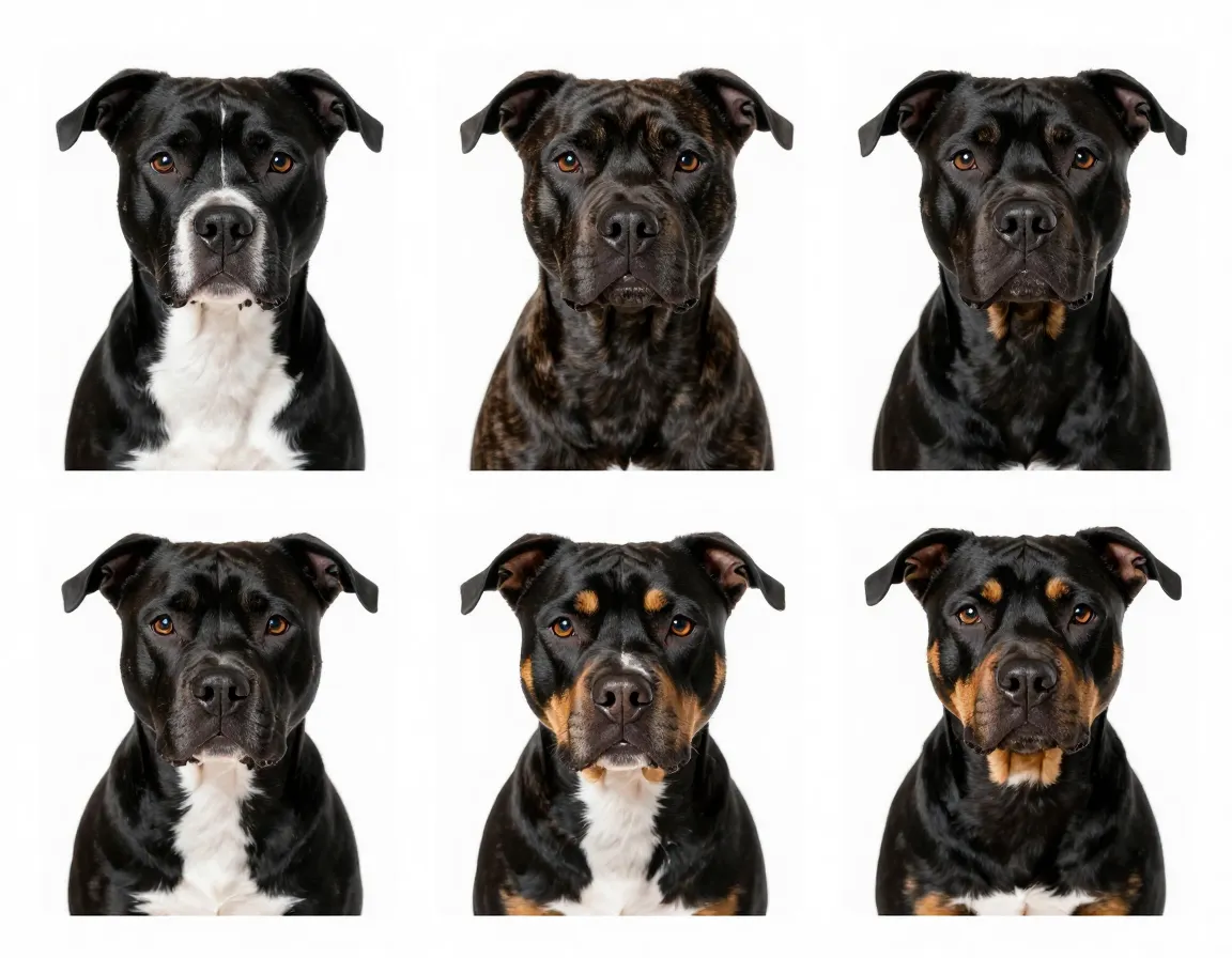 Collage of black pitbulls with different color combinations