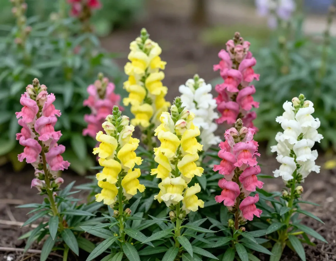 Colorful snapdragons vertical spikes whimsical dragon mouth blooms