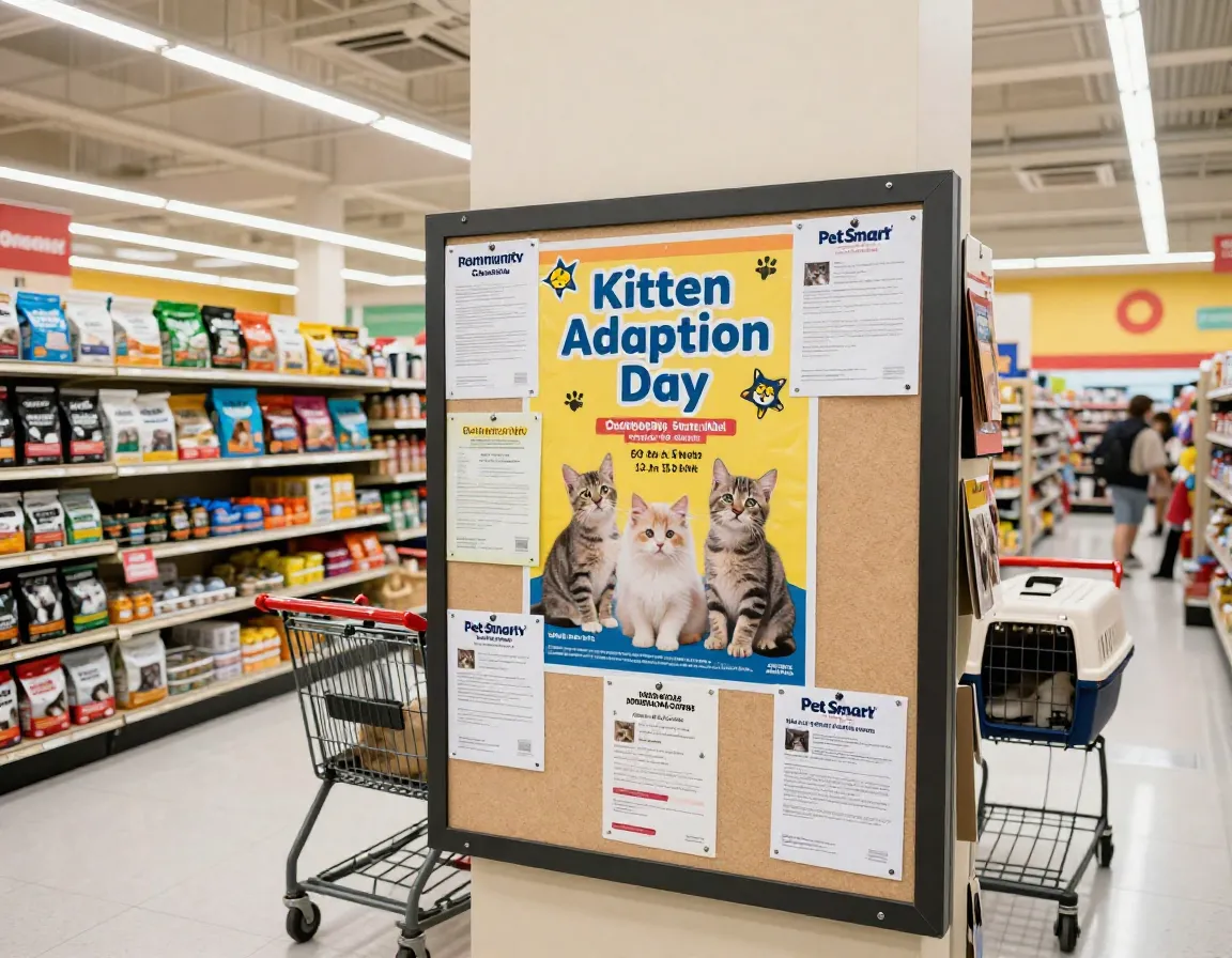 Community pet store bulletin board with adoption event poster