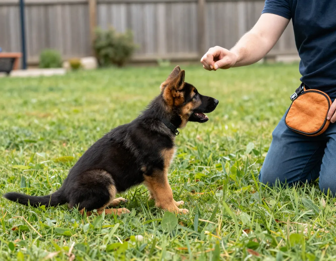 Eight week old puppy learning basic obedience cues sit down come yard