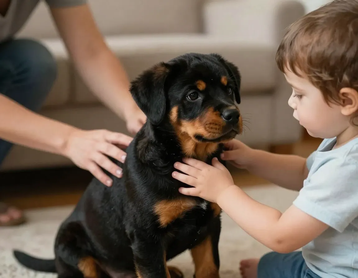 Seven week old rottweiler puppy interacting gently with a child