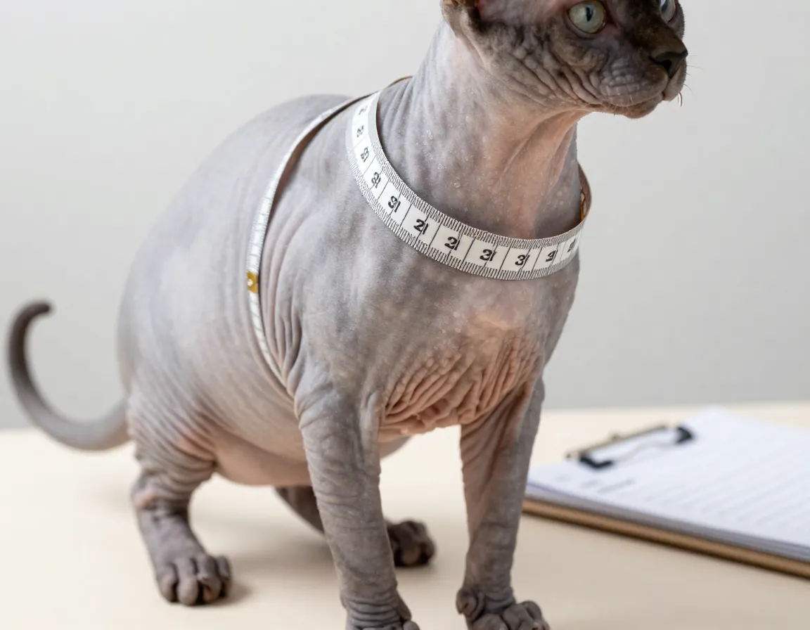 Tape measure taking custom body measurements of a patient sphynx cat