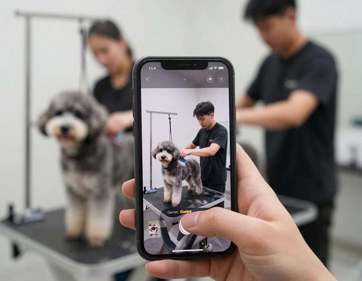 Pet owner views a live grooming webcam feed on a mobile app