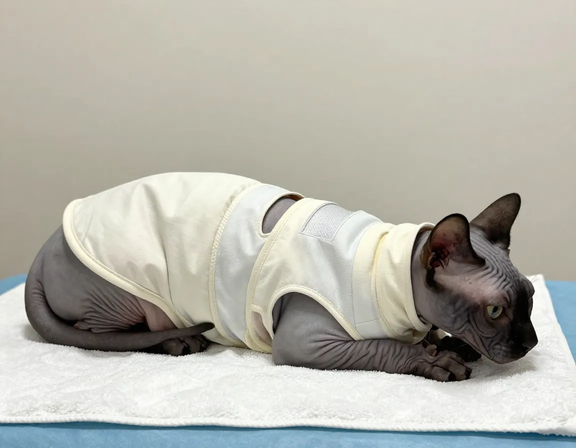 Sphynx cat wearing a medical recovery suit after a surgical procedure