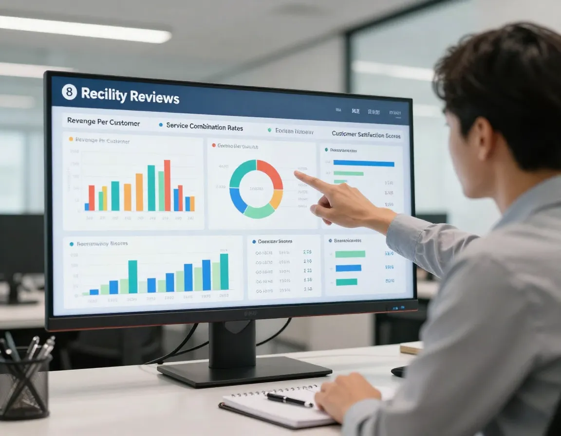 Manager reviews performance dashboards on a digital analytics screen